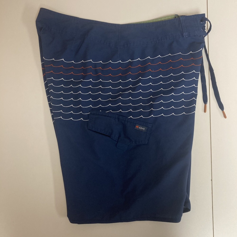 Cova Board Shorts 32 Navy Blue Wave Print‎ Cargo Pocket Swim Trunks